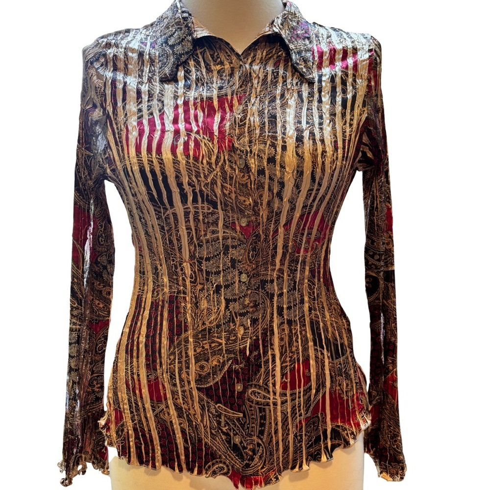 Vintage 90s Gold Red Long Sleeve Stretchy Collared Button Up Top Lace Detail OS